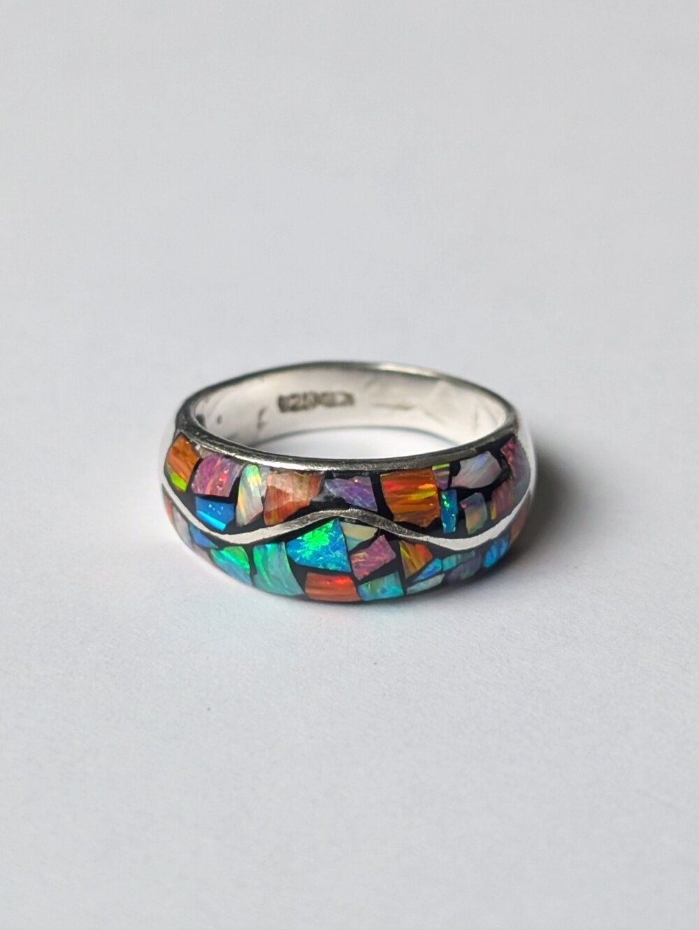 Vintage sterling silver opal inlay ring band Taxco Mexico Colorful mosaic inlay